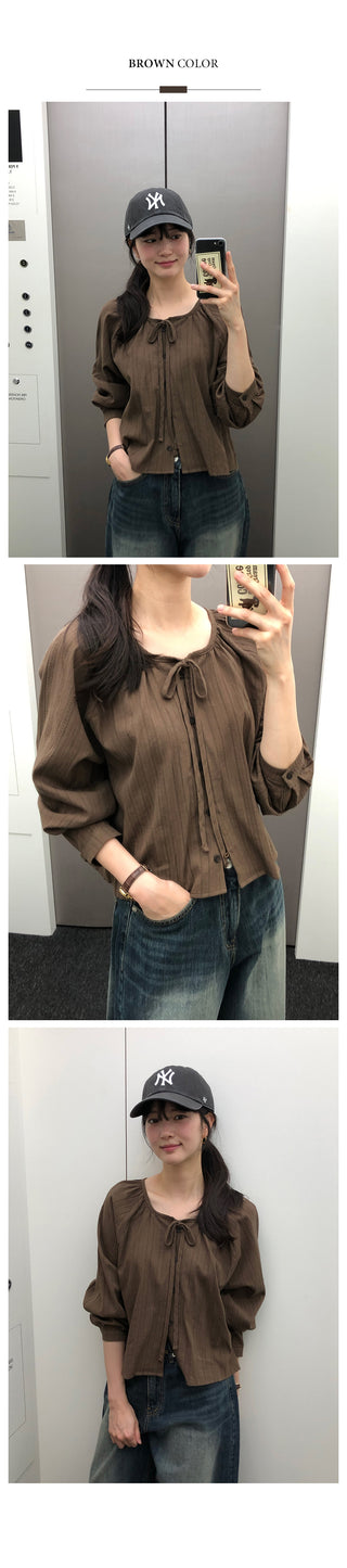 [3 colors] Ribbon puff sleeve blouse
