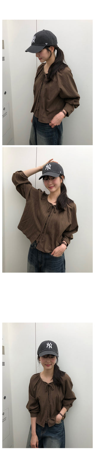 [3 colors] Ribbon puff sleeve blouse
