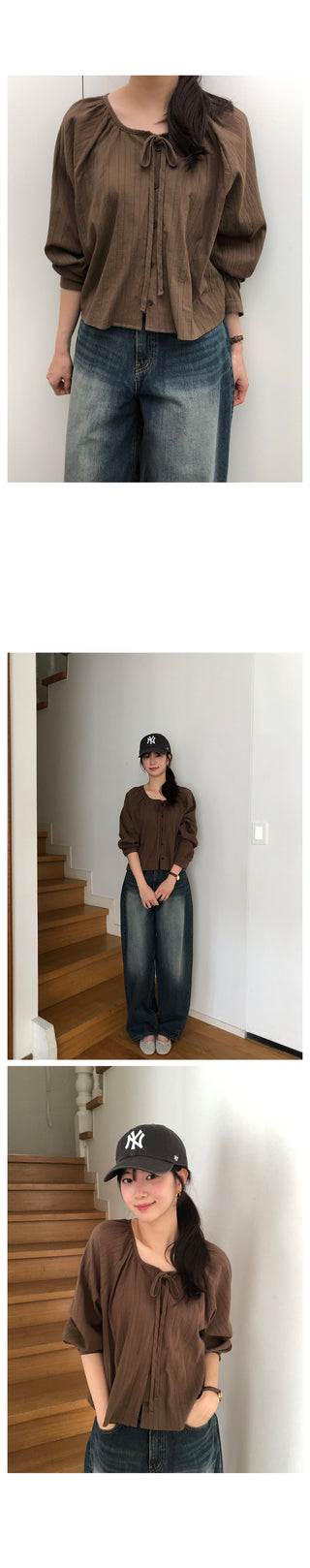 [3 colors] Ribbon puff sleeve blouse