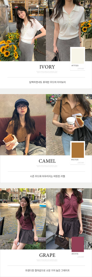 (3 colors) Collared Shirred Short-Sleeve Knit