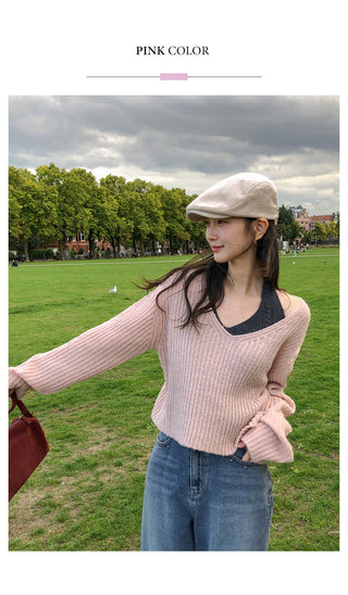 (3 colors) V-neck cropped knit