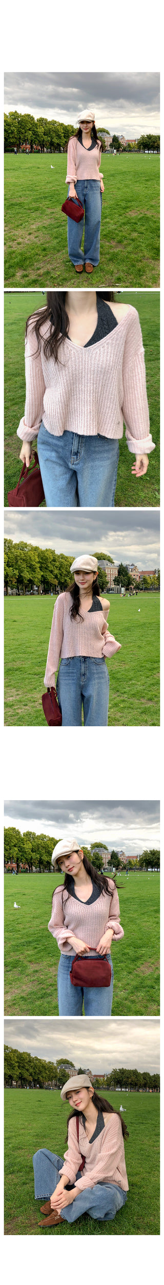 (3 colors) V-neck cropped knit