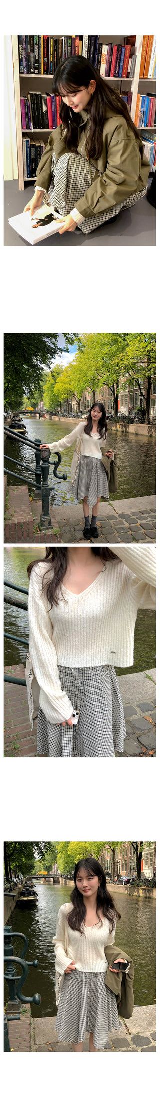 (3 colors) V-neck cropped knit