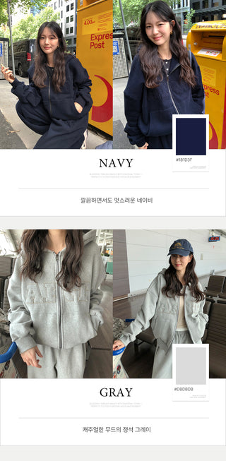 (2 colors) Fleece-lined hooded zip-up jacket