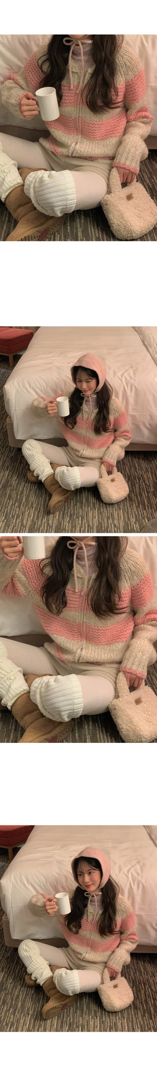 (2 colors) Striped knit zip-up
