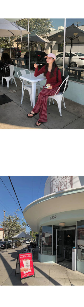 (3 colors) Striped elastic waist pants