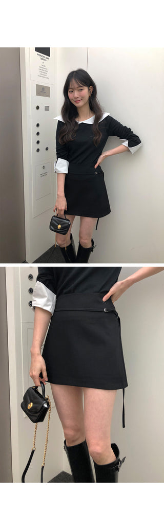 (2 colors) Belted mini skirt