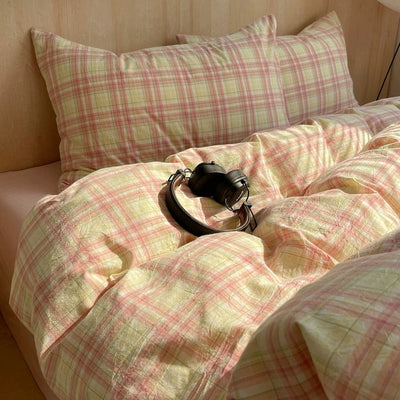 Pink Plaid Cotton Duvet Cover Set