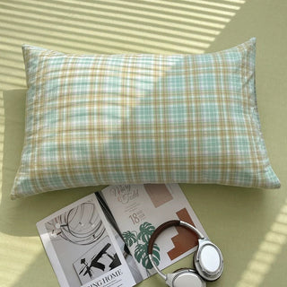Pastel Green Plaid Cotton Duvet Cover Set
