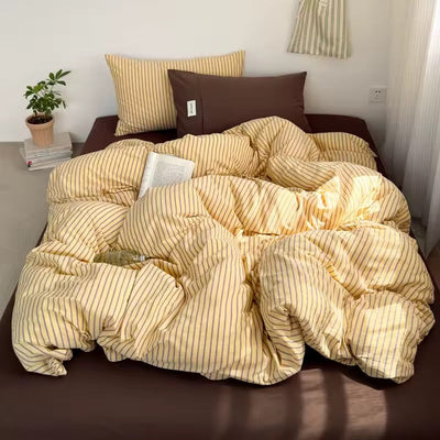 Yellow and Brown Striped Cotton Bedding Set