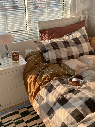 Preppy Brown Patchwork Cotton Bedding Set