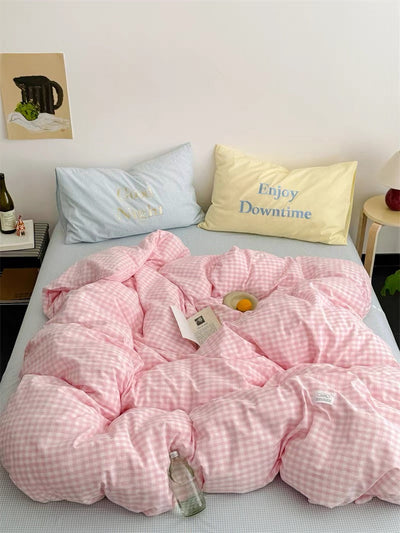 Pastel Creamy Pink Gingham Bedding Set