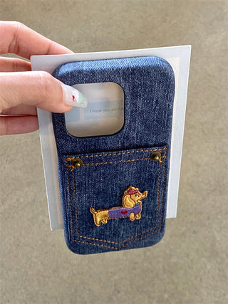 Denim Pocket Embroidered Puppy iPhone Case