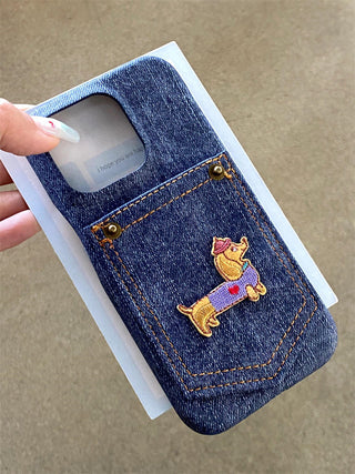Denim Pocket Embroidered Puppy iPhone Case