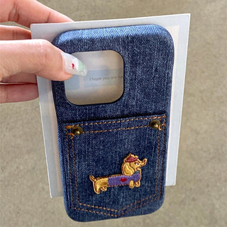 Denim Pocket Embroidered Puppy iPhone Case