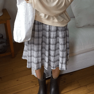 Ruze Summer Check Shirred Flower Midi Banding Skirt