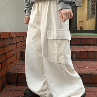 Kinomi Elastic Waist Cotton Wide Cargo Pants