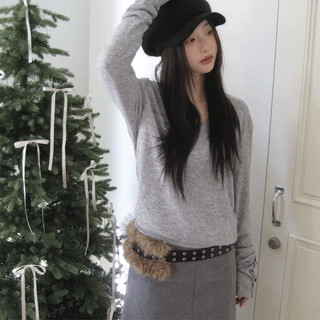 Button Sleeve V-Neck Wool Knit