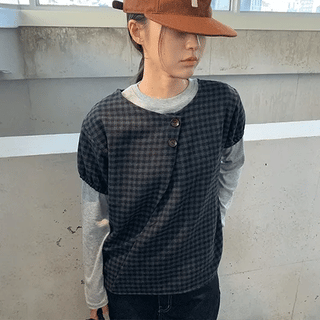 Boucanne Wool Button Check Short Sleeve Blouse  - 50% Wool