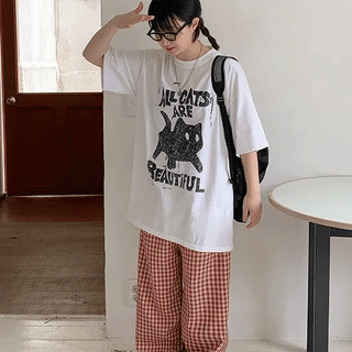 Luwan Cat Print Oversized Short Sleeve Tee