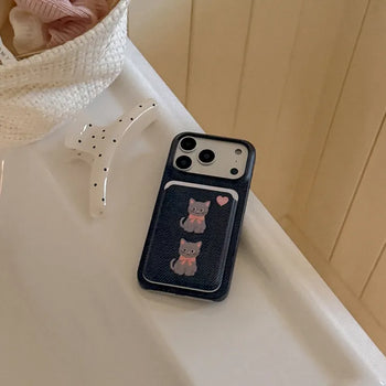 Denim Cat MagSafe Card Slot Wallet Pocket Case