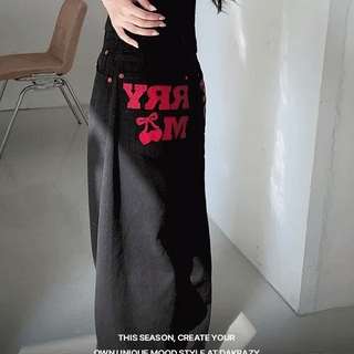 Cherry Back Lettering Wide Cotton Pants
