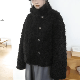 High-neck Toggle Leather Fur Jacket