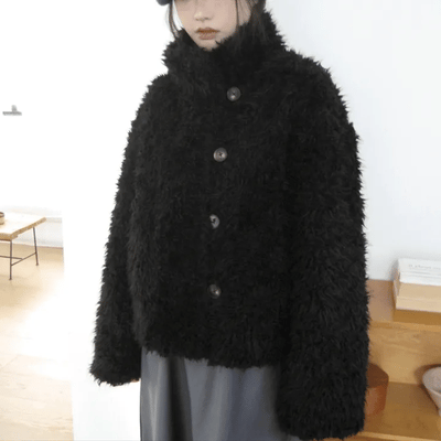 High-neck Toggle Leather Fur Jacket