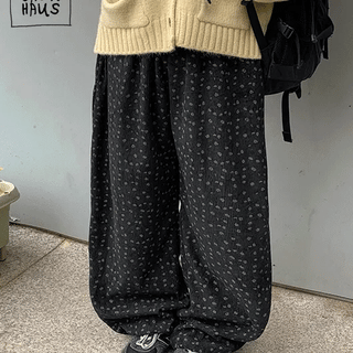 Linfus Flower Corduroy Elastic Waist Balloon Wide Pants