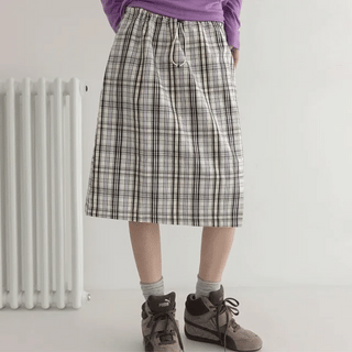 Magenta string check midi skirt