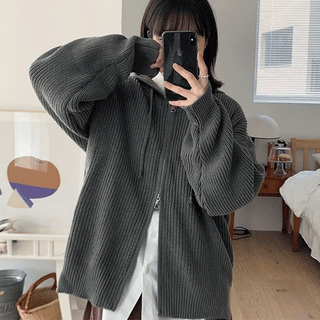 Tenyu Warmer Knit Oversized Zip-Up Hoodie
