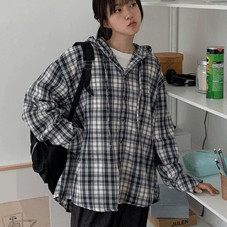 Camme Check Hooded Boxy Long Sleeve Shirt