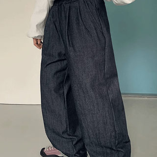 Ronb Pintuck Elastic Waist Wide Denim Pants