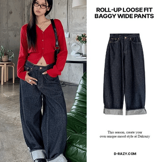Rolled-up Loose Fit Raw Denim Wide Pants