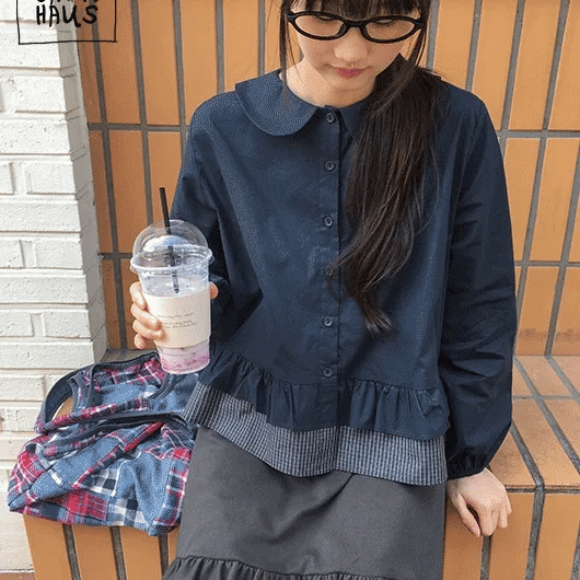 Kirene Check Color Block Frill Blouse