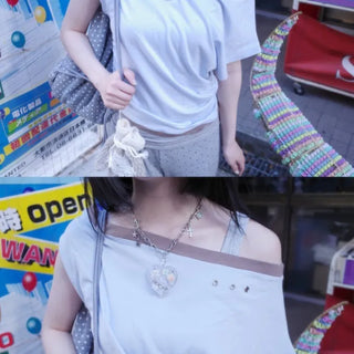 Eyelet Off Shirred T-shirt