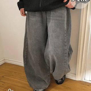 Rember Brushed Fleece Pintuck Washed Denim Wide Pants