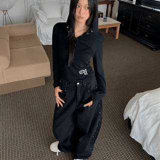 Lettering Crop Button Hoodie