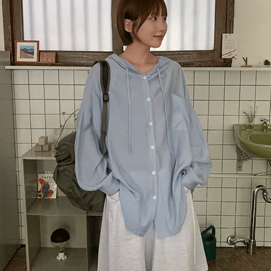 UQUS Summer Hooded See-through Long Sleeve Shirt