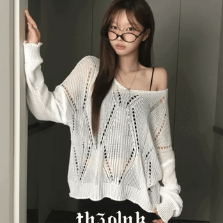 Unique Damaged Mesh Knit Top  Delicate Fit Loose Fit Damaged Knit Vintage Y2K Summer Long Sleeve Cover-up Layered Mesh Knit Mesh Knit See-through Long Sleeve Tee Knit Summer Salanta Summer Knit