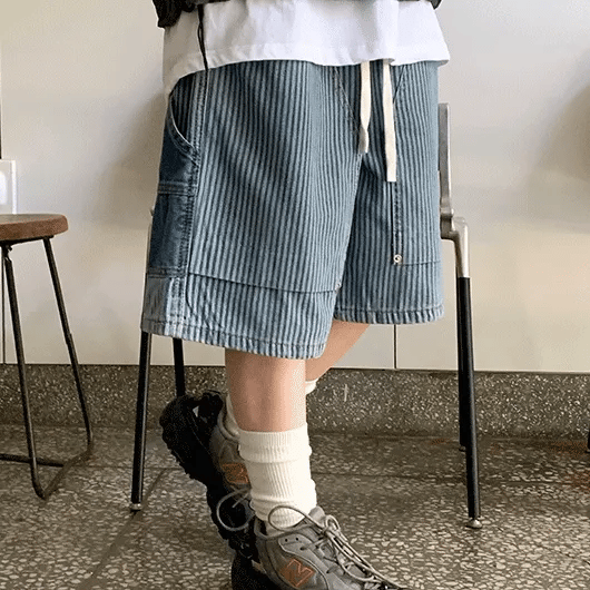 Renhi Striped Elastic Denim Bermuda Pants