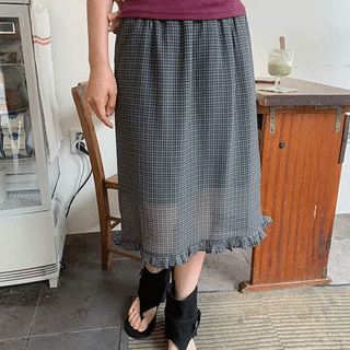 Chito frill chiffon check midi skirt