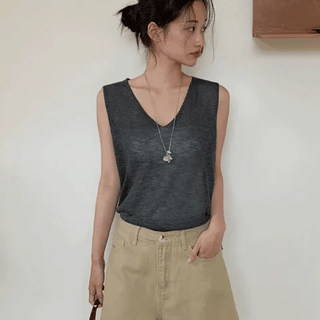 Stevy Summer Double VNeck Balloon Sleeveless Blouse