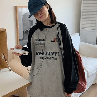 Kazaha Raglan Color Block Lettering Oversized Sweatshirt