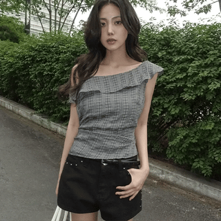 Judea Check Off Shirring Blouse