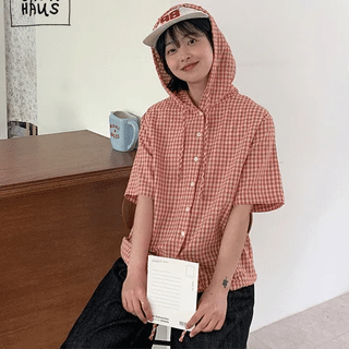 Ryugeto Summer Check Short Sleeve Hoodie