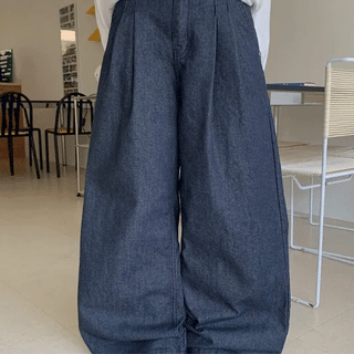 Todaki Raw Denim Pintuck Wide Denim Pants