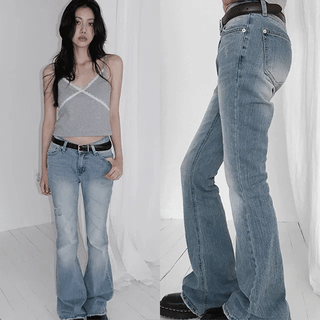 Zeav Damaged Washed Low-Rise Bootcut Denim Pants
