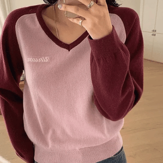 Ayson Cashmere Wool Raglan Contrast VNeck Knit