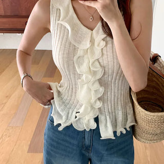 Wave frill sleeveless knit